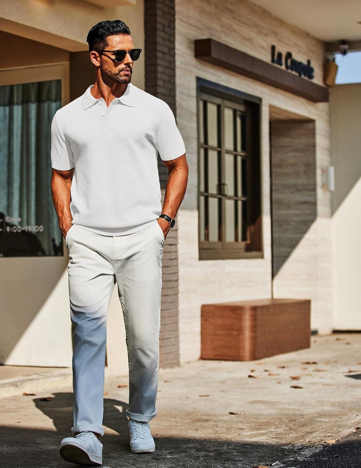 imageCOOFANDY Mens Knit Polo Shirts Short Sleeve Classic Fit Shirts Casual Goft Collared Textured T ShirtWhite