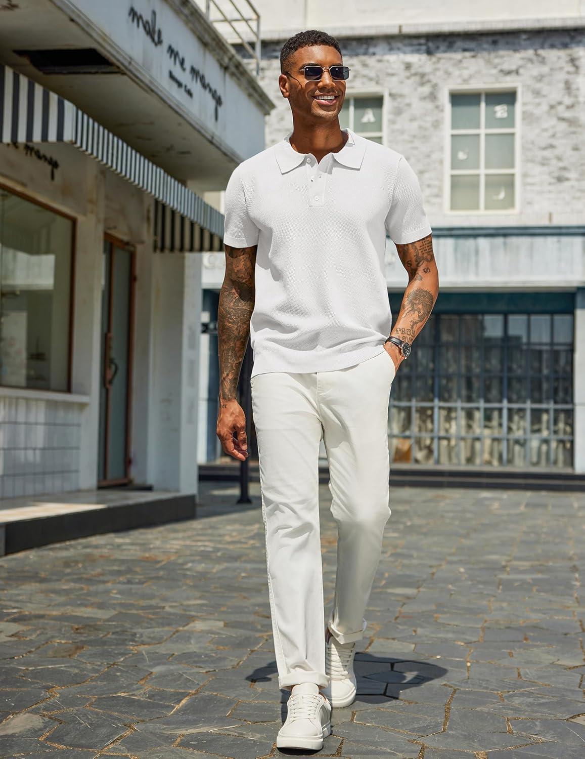 imageCOOFANDY Mens Knit Polo Shirts Short Sleeve Classic Fit Shirts Casual Goft Collared Textured T ShirtWhite