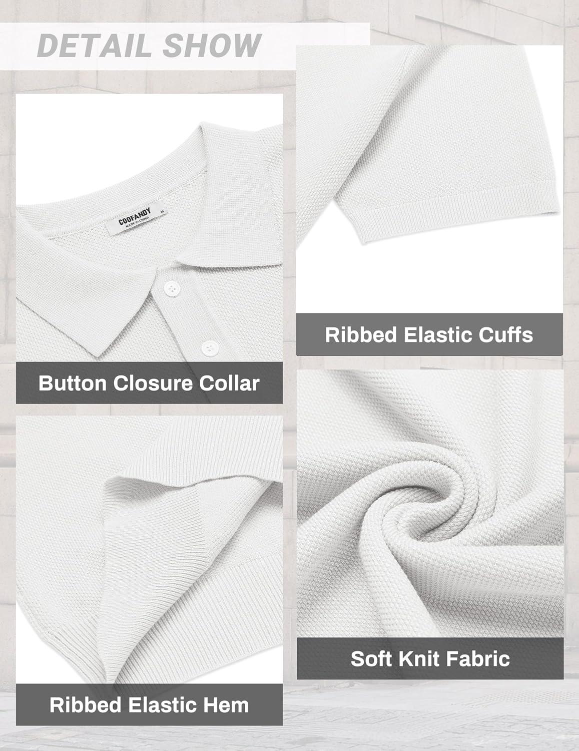 imageCOOFANDY Mens Knit Polo Shirts Short Sleeve Classic Fit Shirts Casual Goft Collared Textured T ShirtWhite
