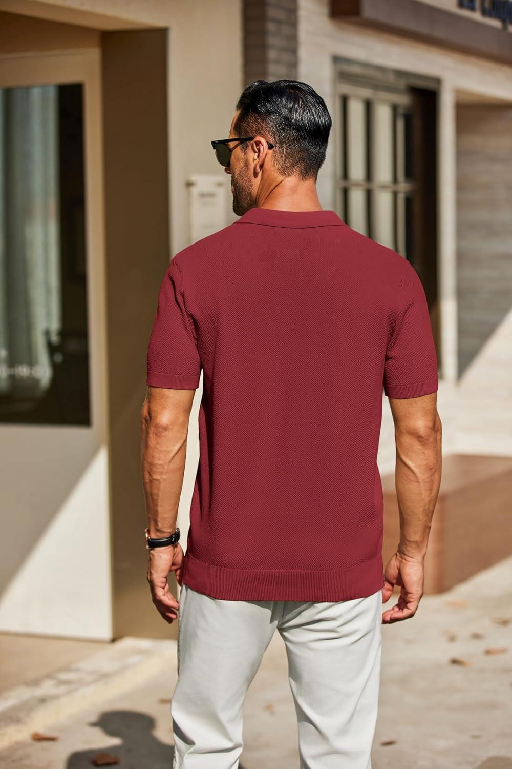 imageCOOFANDY Mens Knit Polo Shirts Short Sleeve Classic Fit Shirts Casual Goft Collared Textured T ShirtWine Red