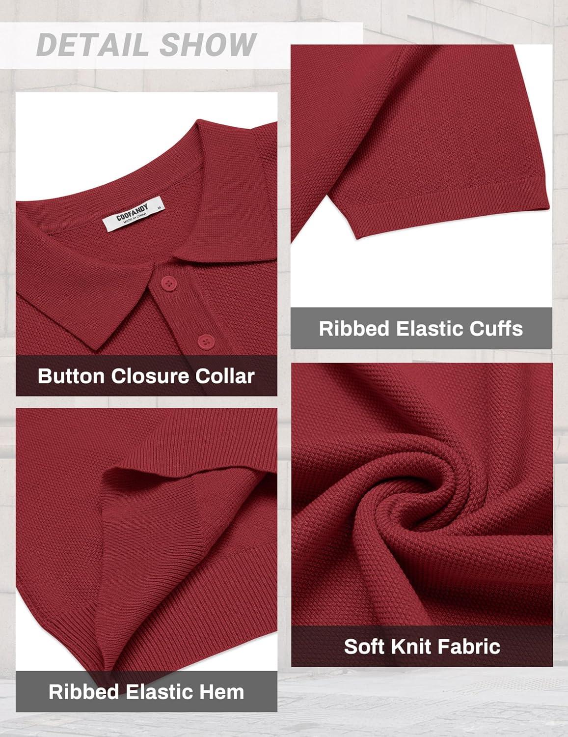 imageCOOFANDY Mens Knit Polo Shirts Short Sleeve Classic Fit Shirts Casual Goft Collared Textured T ShirtWine Red