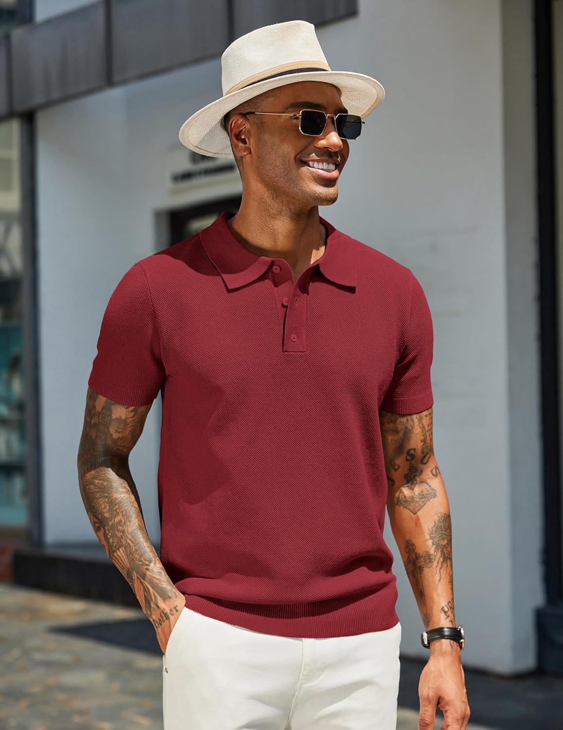 imageCOOFANDY Mens Knit Polo Shirts Short Sleeve Classic Fit Shirts Casual Goft Collared Textured T ShirtWine Red