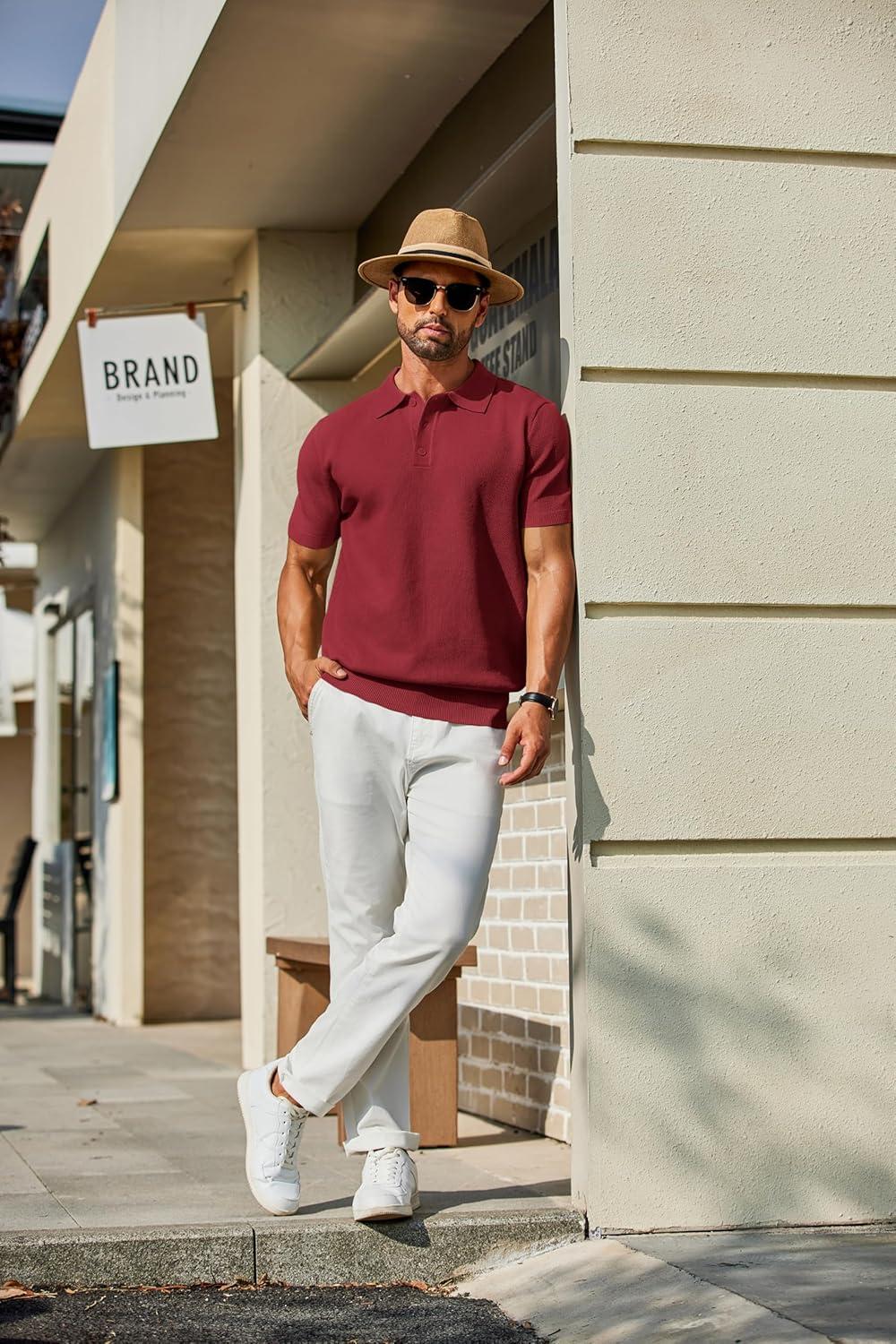 imageCOOFANDY Mens Knit Polo Shirts Short Sleeve Classic Fit Shirts Casual Goft Collared Textured T ShirtWine Red
