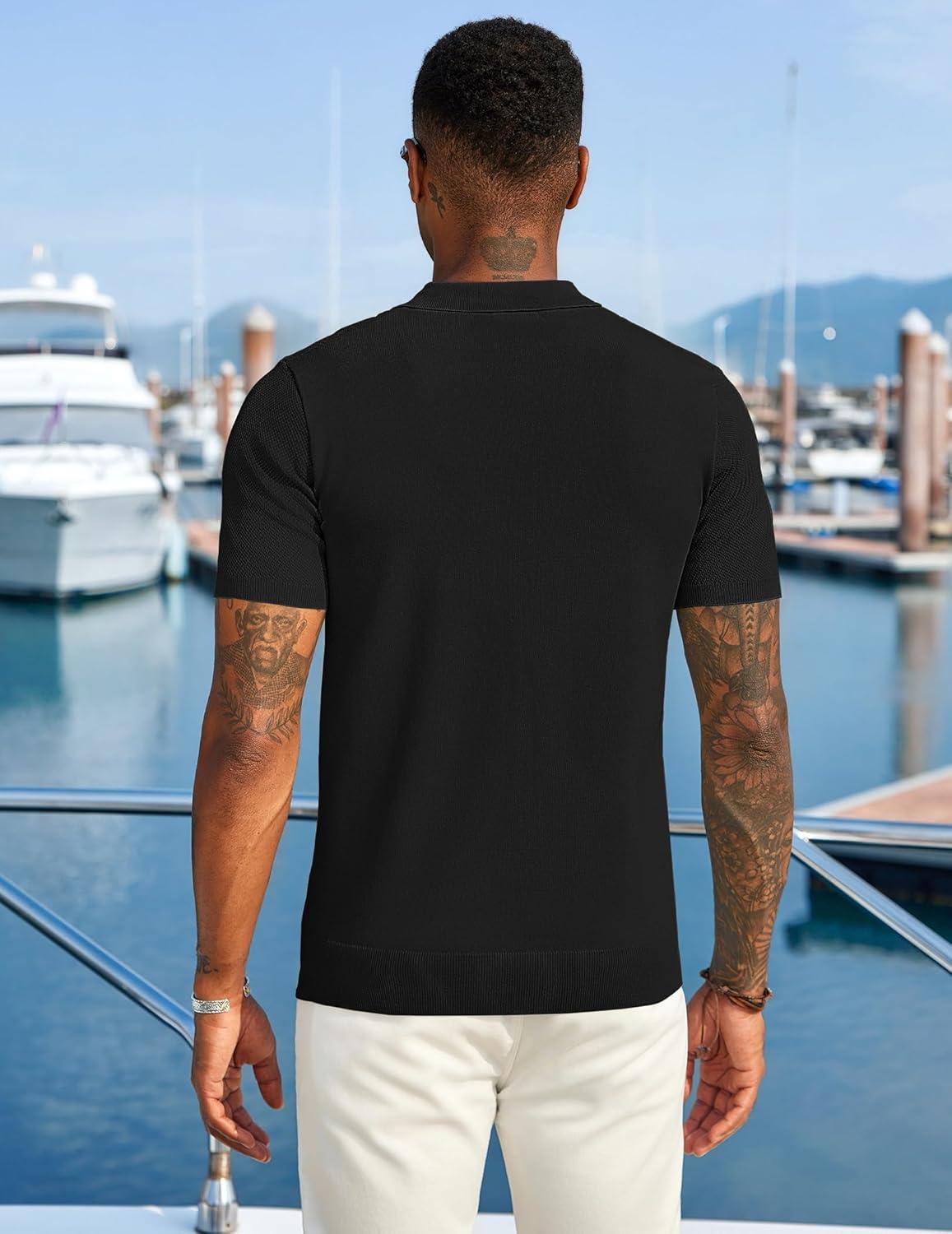 imageCOOFANDY Mens Zipper Polo Shirts Short Sleeve Casual Knit Polo Shirts Lightweight Golf ShirtBlack