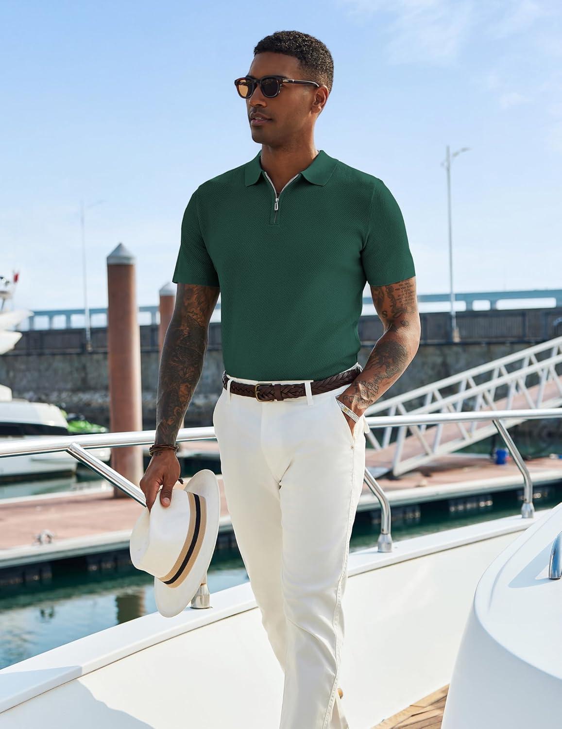 imageCOOFANDY Mens Zipper Polo Shirts Short Sleeve Casual Knit Polo Shirts Lightweight Golf ShirtGreen