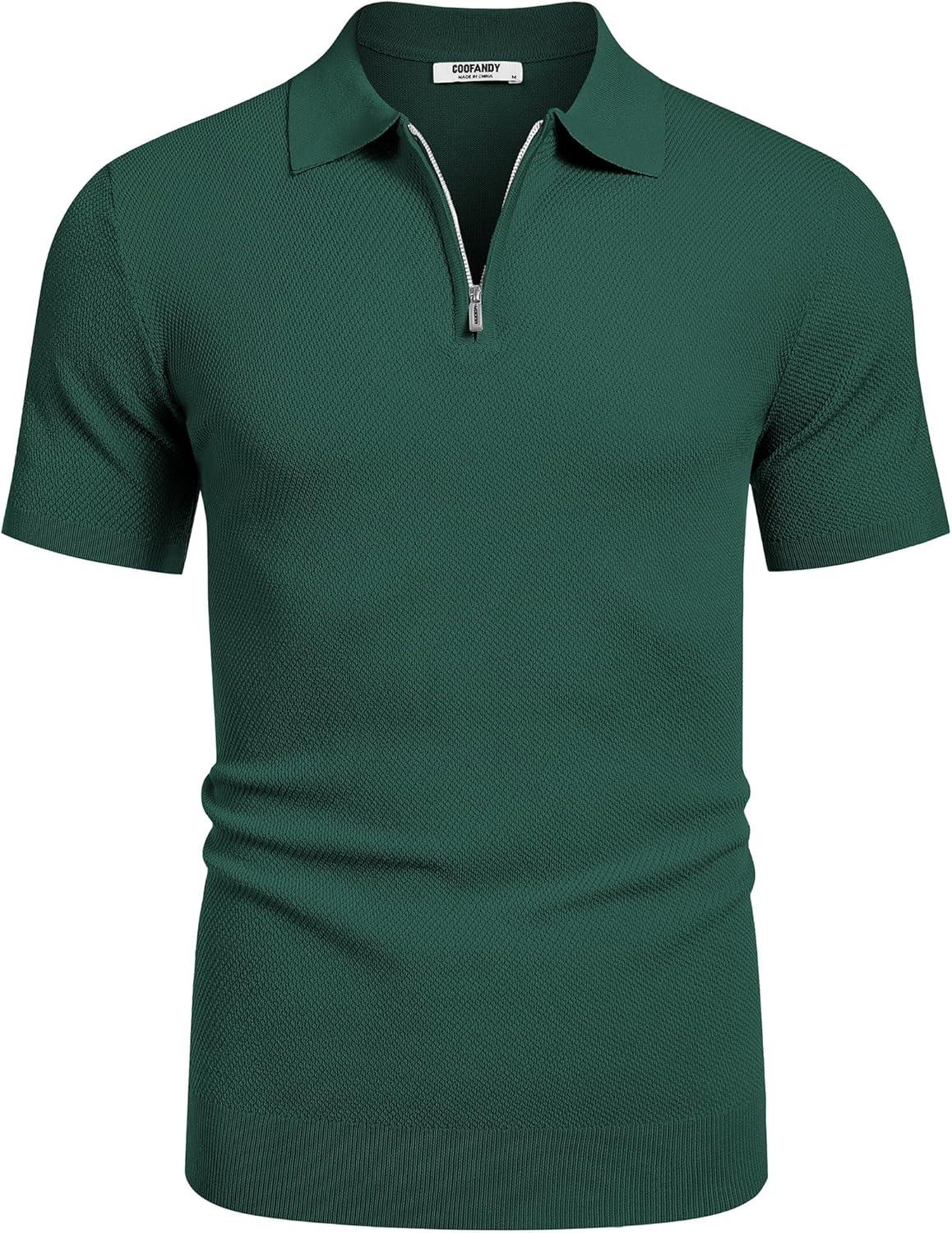 imageCOOFANDY Mens Zipper Polo Shirts Short Sleeve Casual Knit Polo Shirts Lightweight Golf ShirtGreen