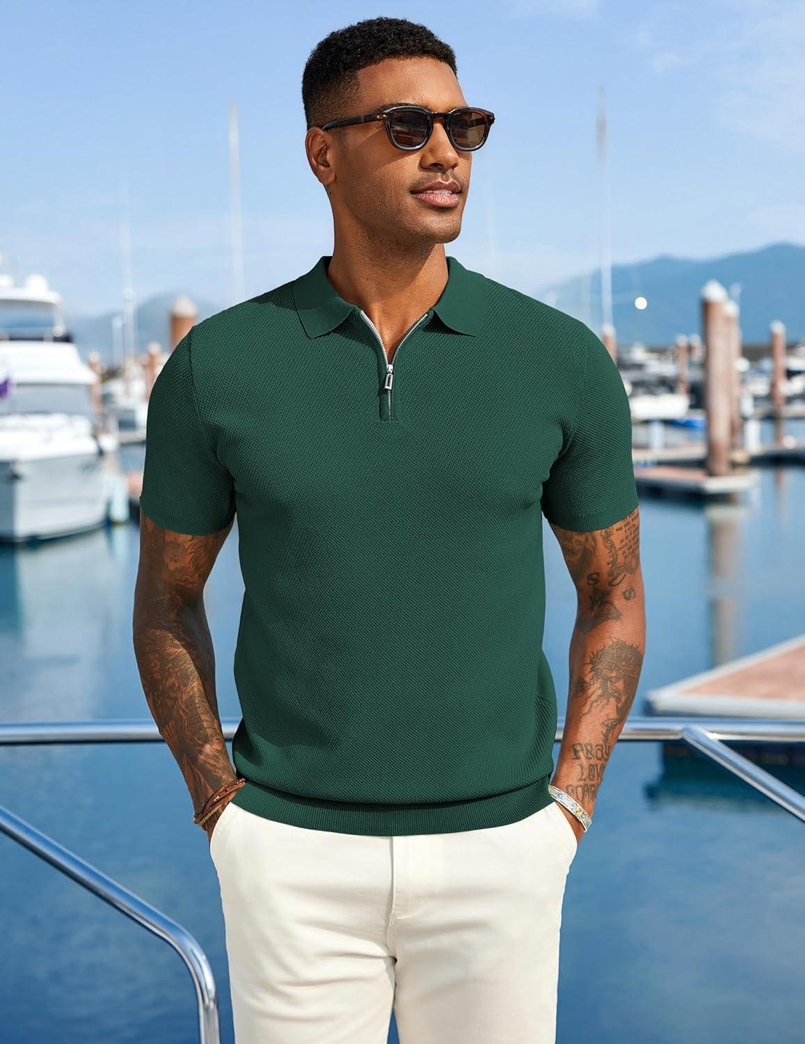 imageCOOFANDY Mens Zipper Polo Shirts Short Sleeve Casual Knit Polo Shirts Lightweight Golf ShirtGreen