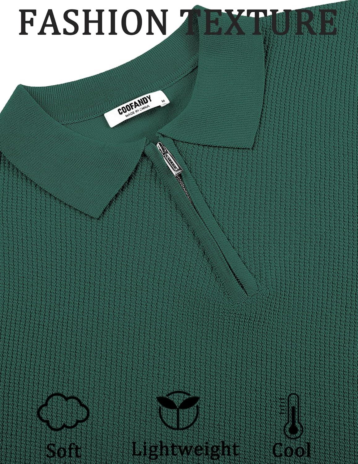 imageCOOFANDY Mens Zipper Polo Shirts Short Sleeve Casual Knit Polo Shirts Lightweight Golf ShirtGreen