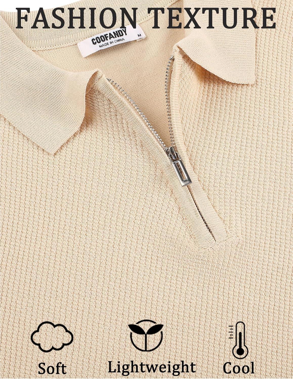 imageCOOFANDY Mens Zipper Polo Shirts Short Sleeve Casual Knit Polo Shirts Lightweight Golf ShirtKhaki