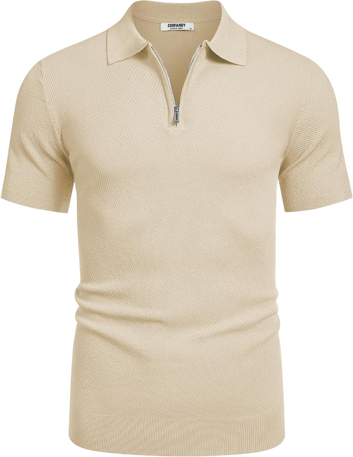 imageCOOFANDY Mens Zipper Polo Shirts Short Sleeve Casual Knit Polo Shirts Lightweight Golf ShirtKhaki