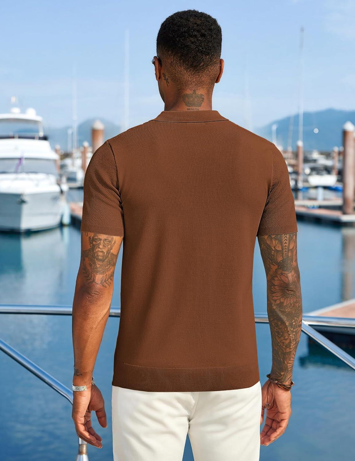 imageCOOFANDY Mens Zipper Polo Shirts Short Sleeve Casual Knit Polo Shirts Lightweight Golf ShirtLight Brown