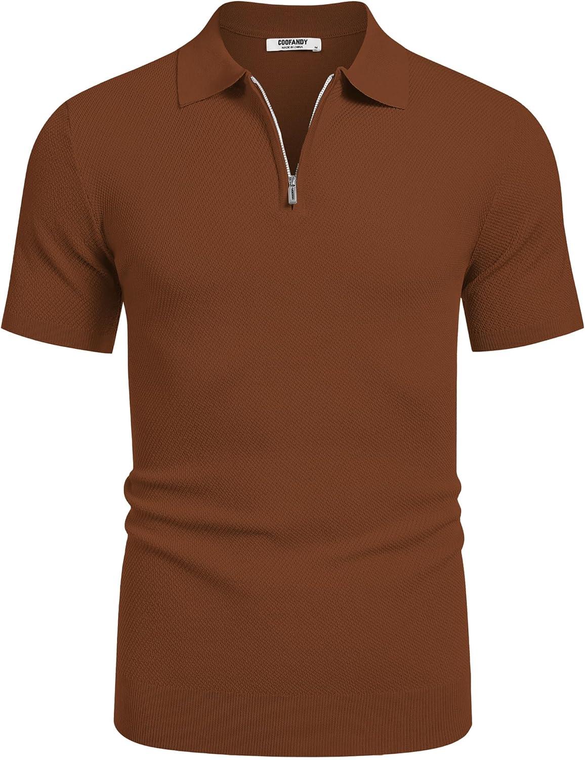 imageCOOFANDY Mens Zipper Polo Shirts Short Sleeve Casual Knit Polo Shirts Lightweight Golf ShirtLight Brown