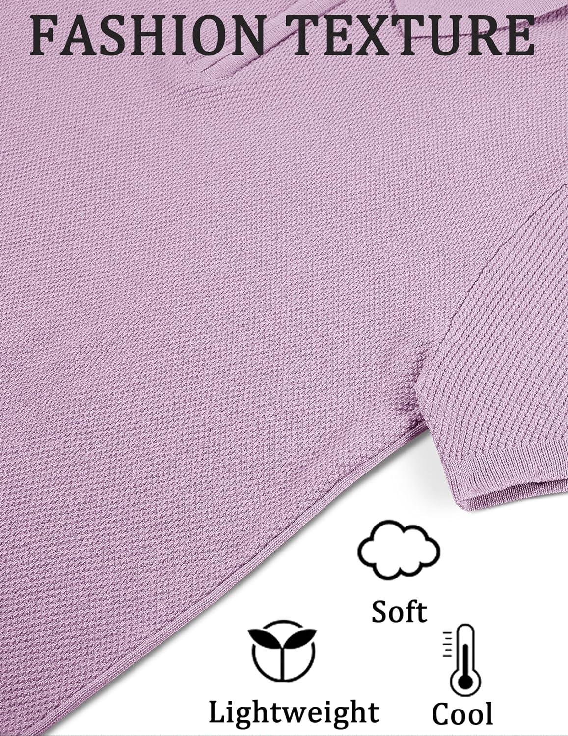 imageCOOFANDY Mens Zipper Polo Shirts Short Sleeve Casual Knit Polo Shirts Lightweight Golf ShirtLight Purple