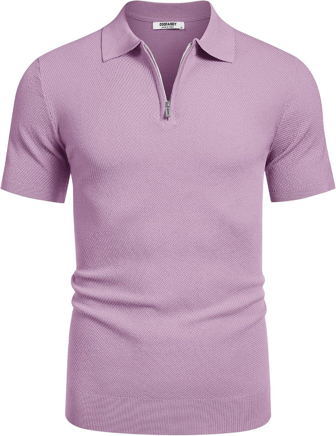 imageCOOFANDY Mens Zipper Polo Shirts Short Sleeve Casual Knit Polo Shirts Lightweight Golf ShirtLight Purple