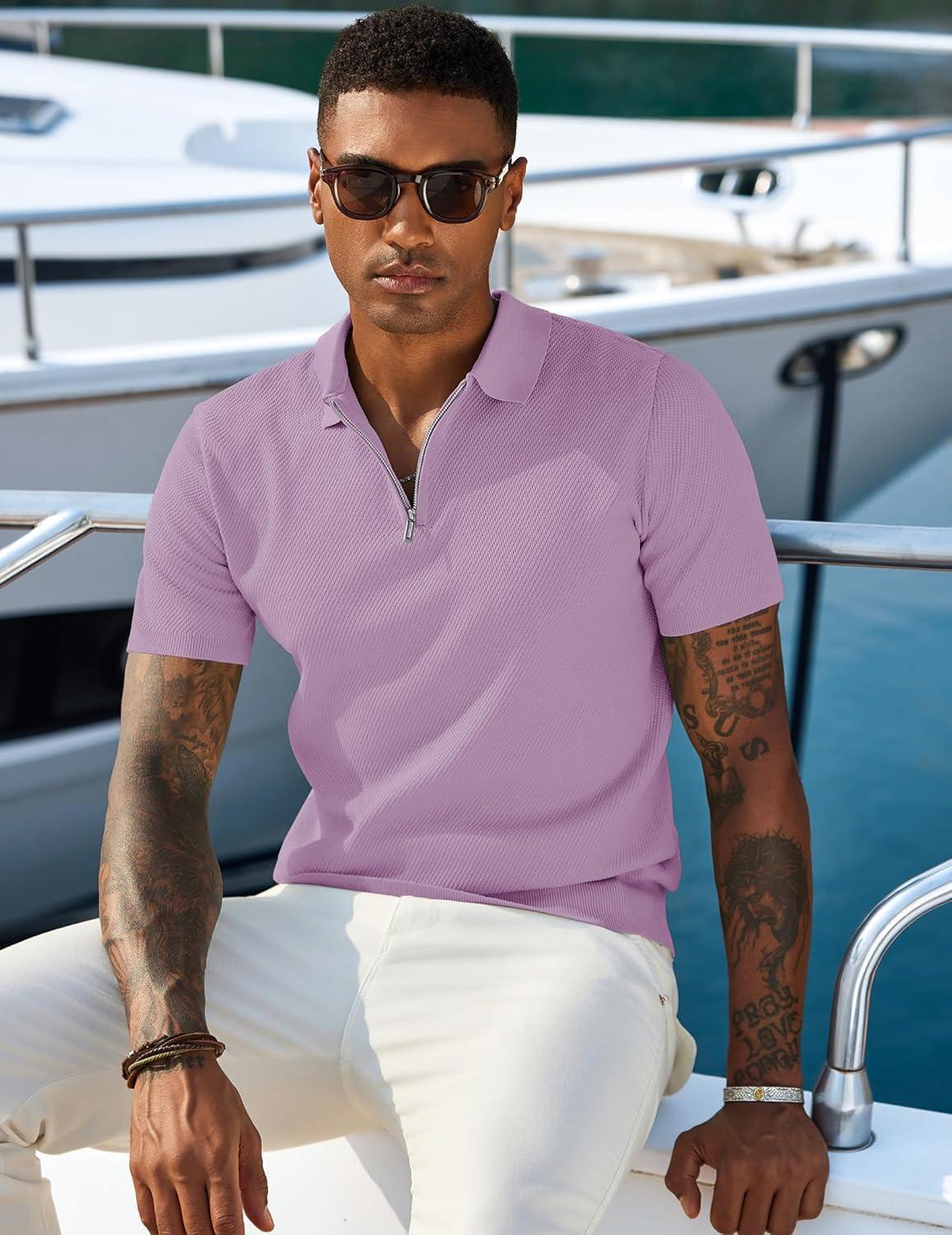 imageCOOFANDY Mens Zipper Polo Shirts Short Sleeve Casual Knit Polo Shirts Lightweight Golf ShirtLight Purple