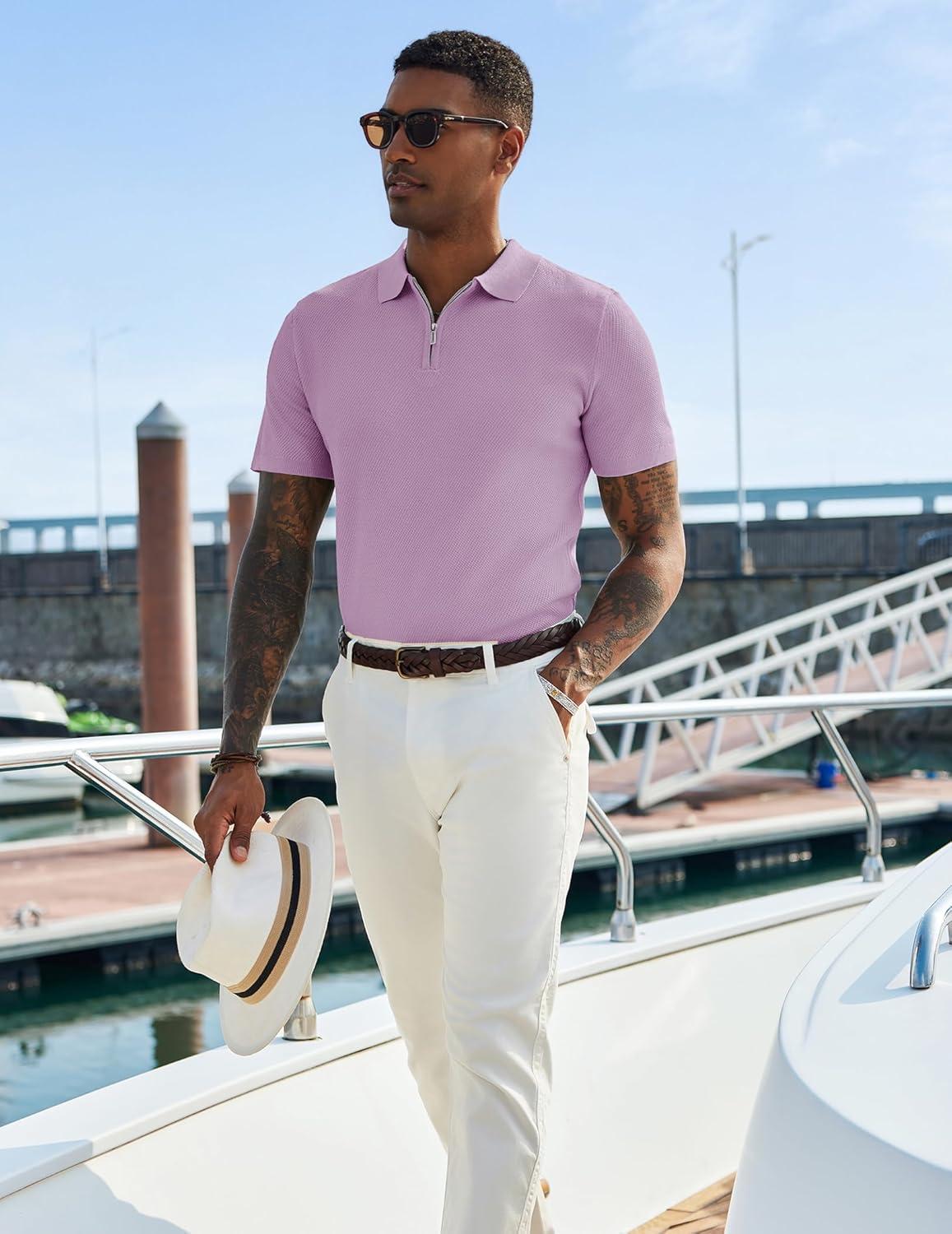 imageCOOFANDY Mens Zipper Polo Shirts Short Sleeve Casual Knit Polo Shirts Lightweight Golf ShirtLight Purple