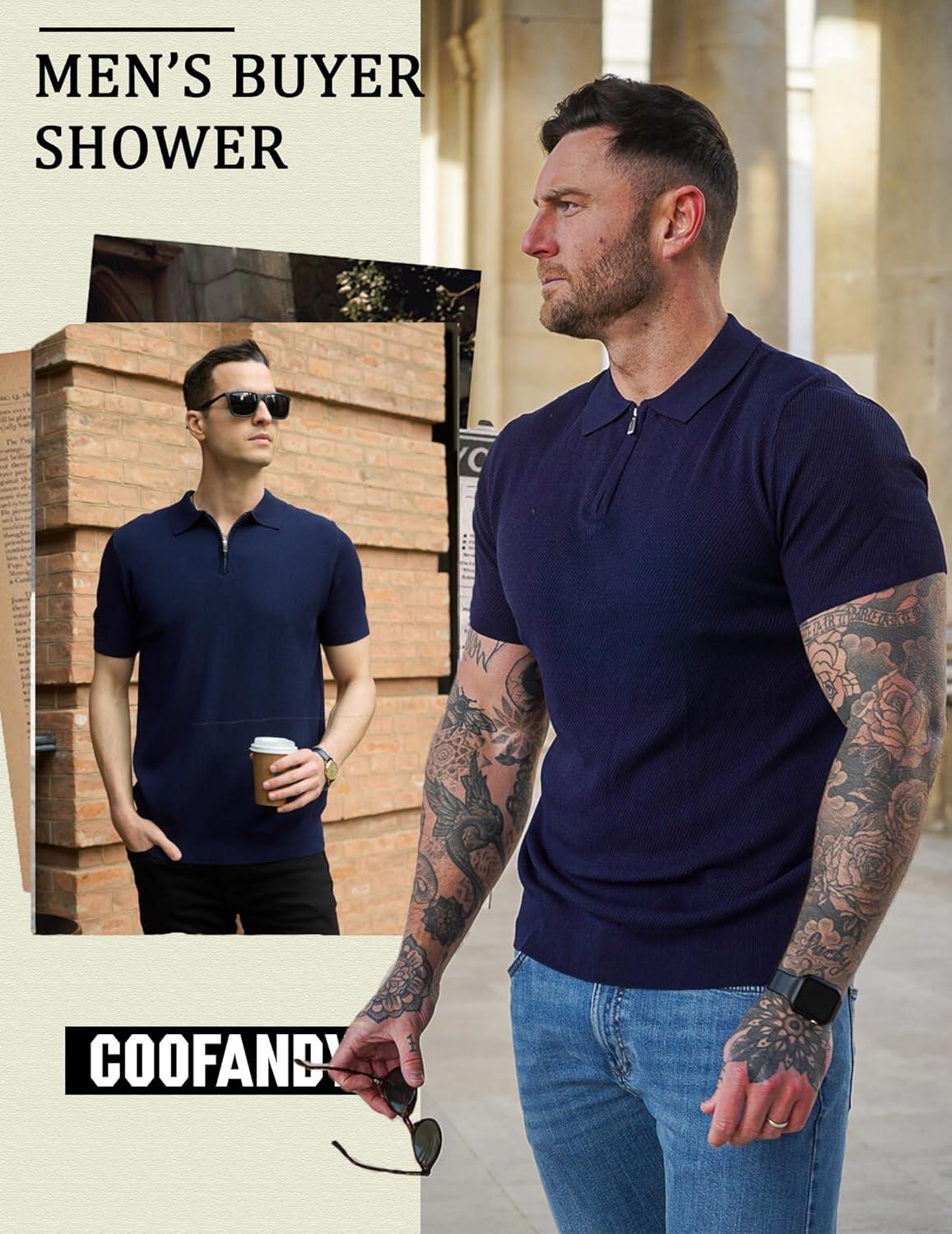 imageCOOFANDY Mens Zipper Polo Shirts Short Sleeve Casual Knit Polo Shirts Lightweight Golf ShirtNavy Blue