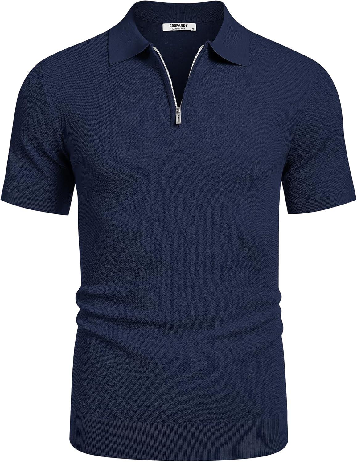 imageCOOFANDY Mens Zipper Polo Shirts Short Sleeve Casual Knit Polo Shirts Lightweight Golf ShirtNavy Blue