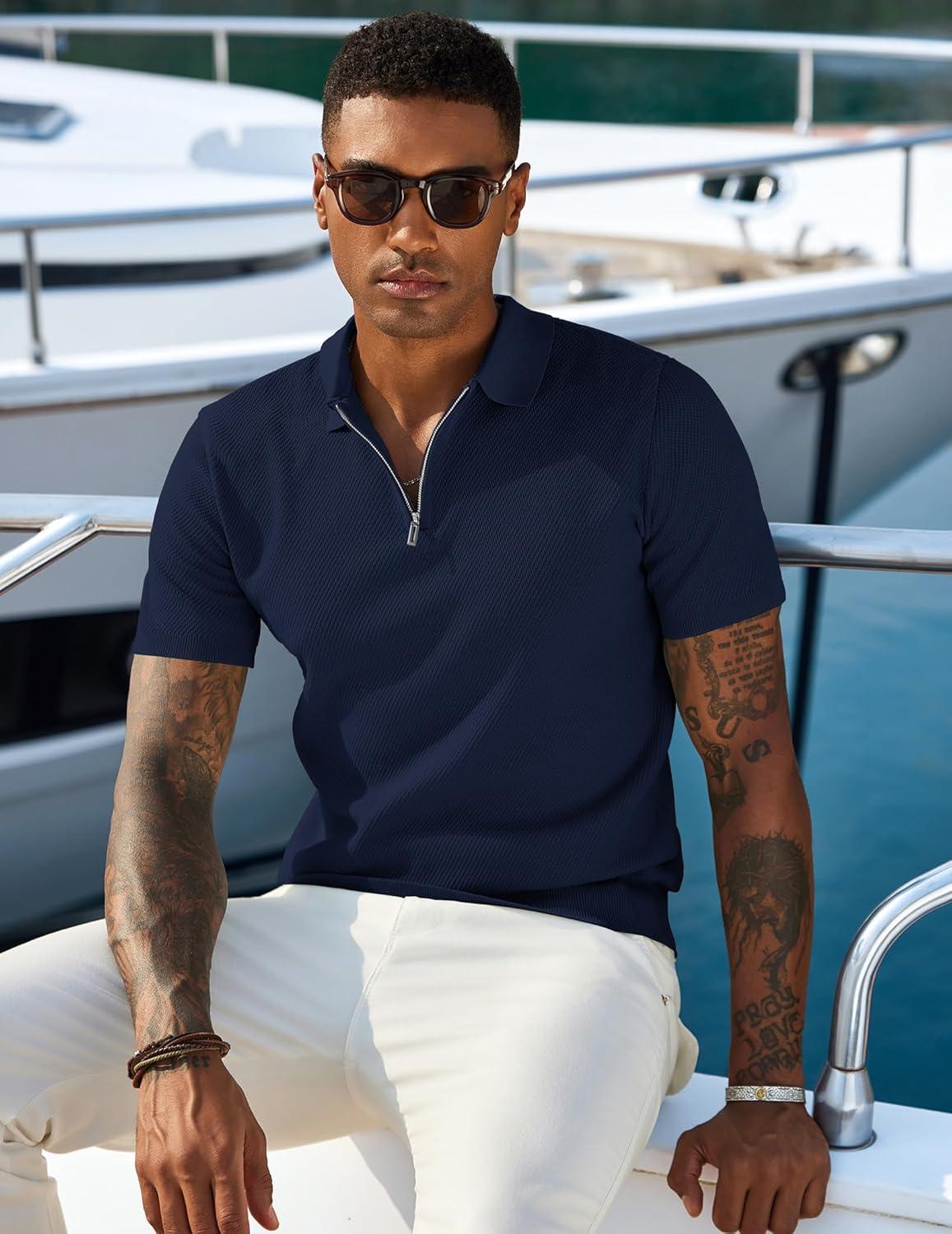 imageCOOFANDY Mens Zipper Polo Shirts Short Sleeve Casual Knit Polo Shirts Lightweight Golf ShirtNavy Blue