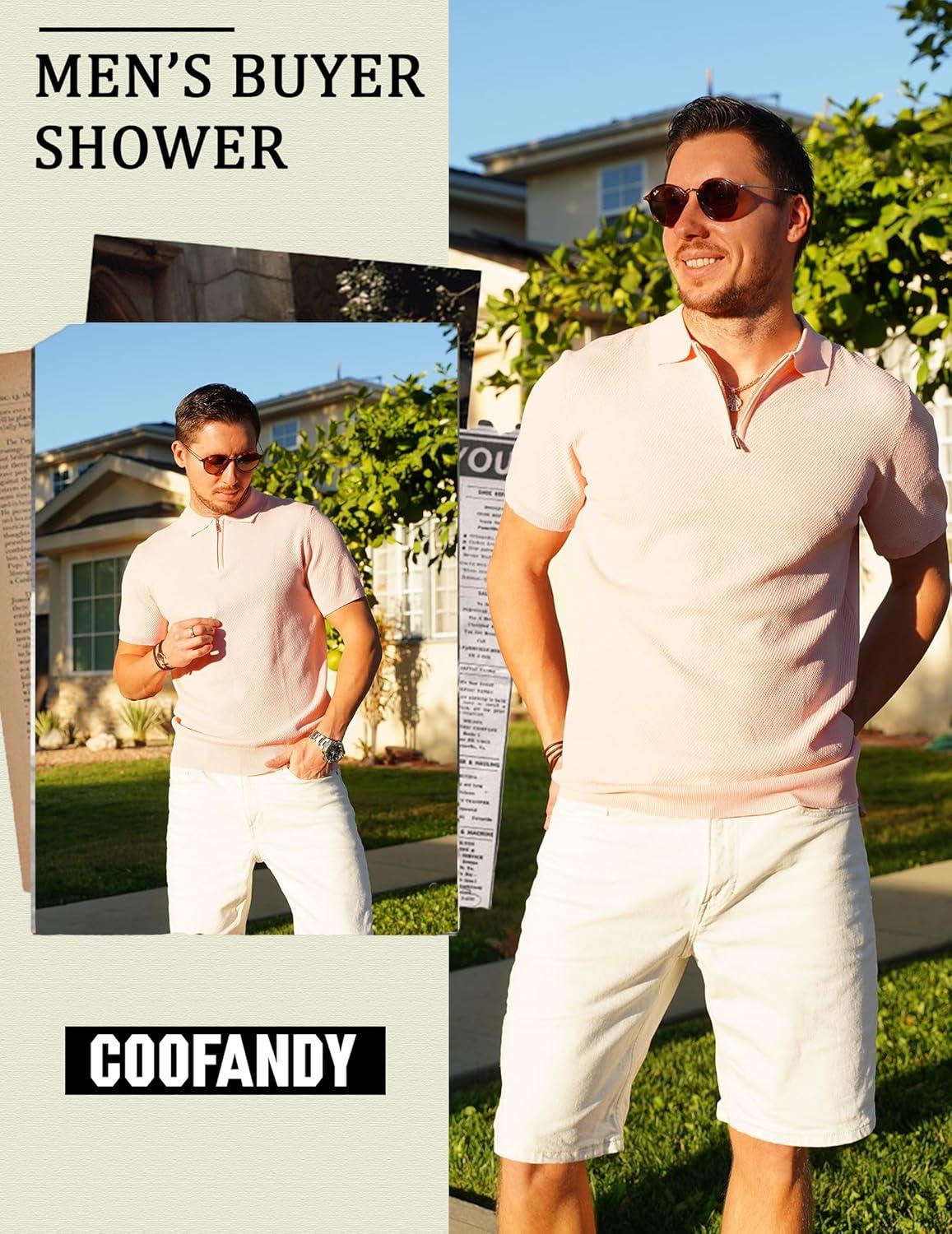 imageCOOFANDY Mens Zipper Polo Shirts Short Sleeve Casual Knit Polo Shirts Lightweight Golf ShirtPink