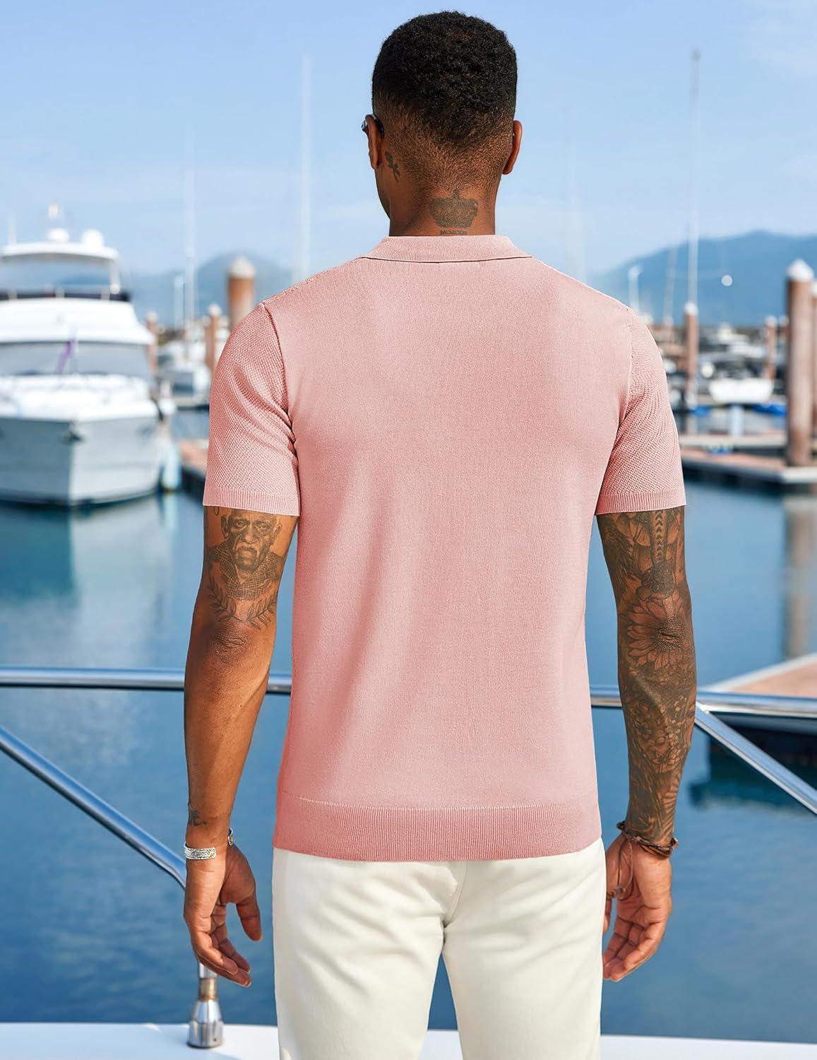 imageCOOFANDY Mens Zipper Polo Shirts Short Sleeve Casual Knit Polo Shirts Lightweight Golf ShirtPink