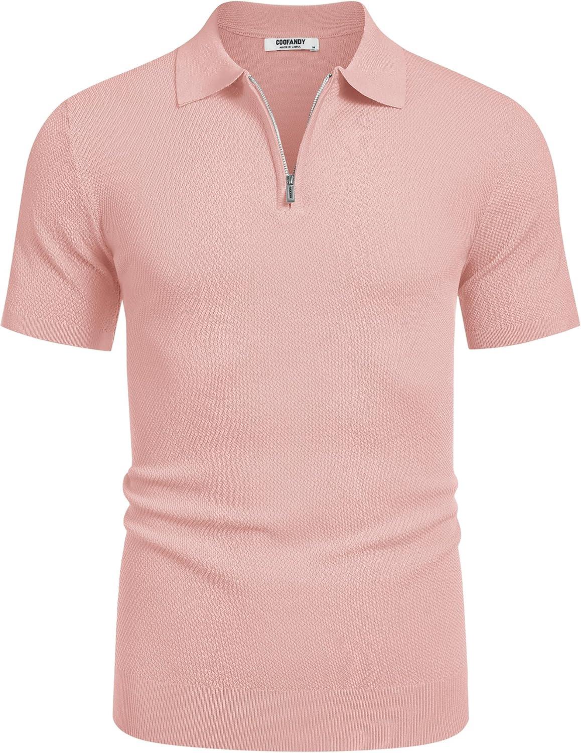 imageCOOFANDY Mens Zipper Polo Shirts Short Sleeve Casual Knit Polo Shirts Lightweight Golf ShirtPink