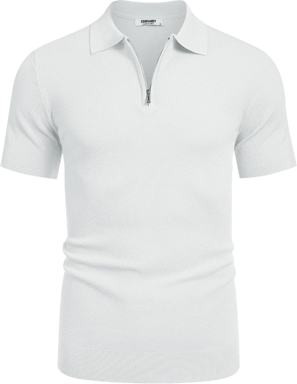 imageCOOFANDY Mens Zipper Polo Shirts Short Sleeve Casual Knit Polo Shirts Lightweight Golf ShirtWhite