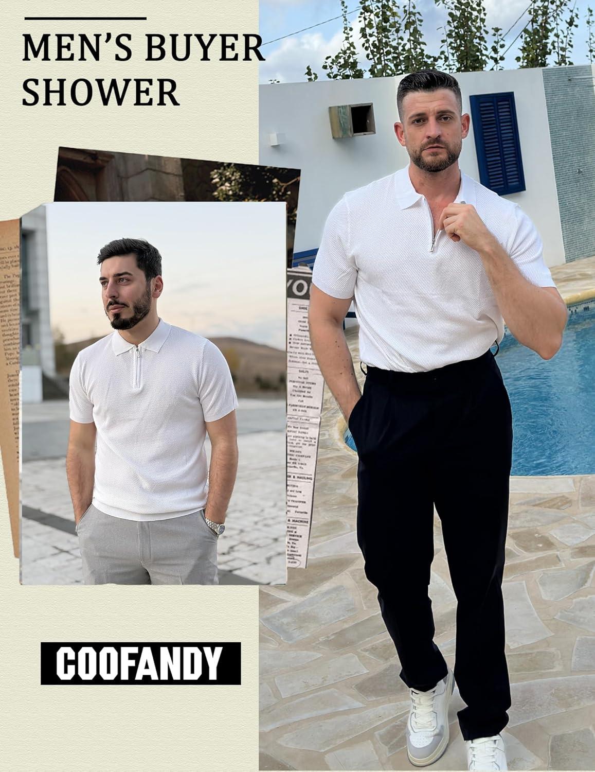 imageCOOFANDY Mens Zipper Polo Shirts Short Sleeve Casual Knit Polo Shirts Lightweight Golf ShirtWhite