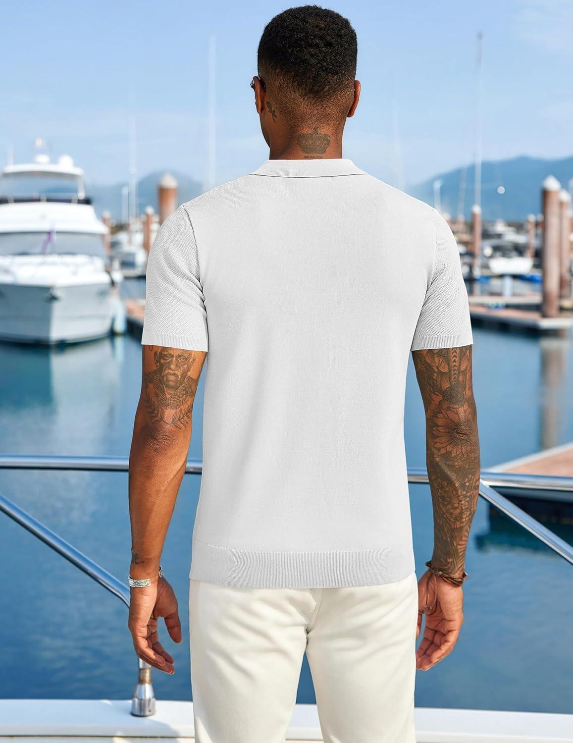 imageCOOFANDY Mens Zipper Polo Shirts Short Sleeve Casual Knit Polo Shirts Lightweight Golf ShirtWhite