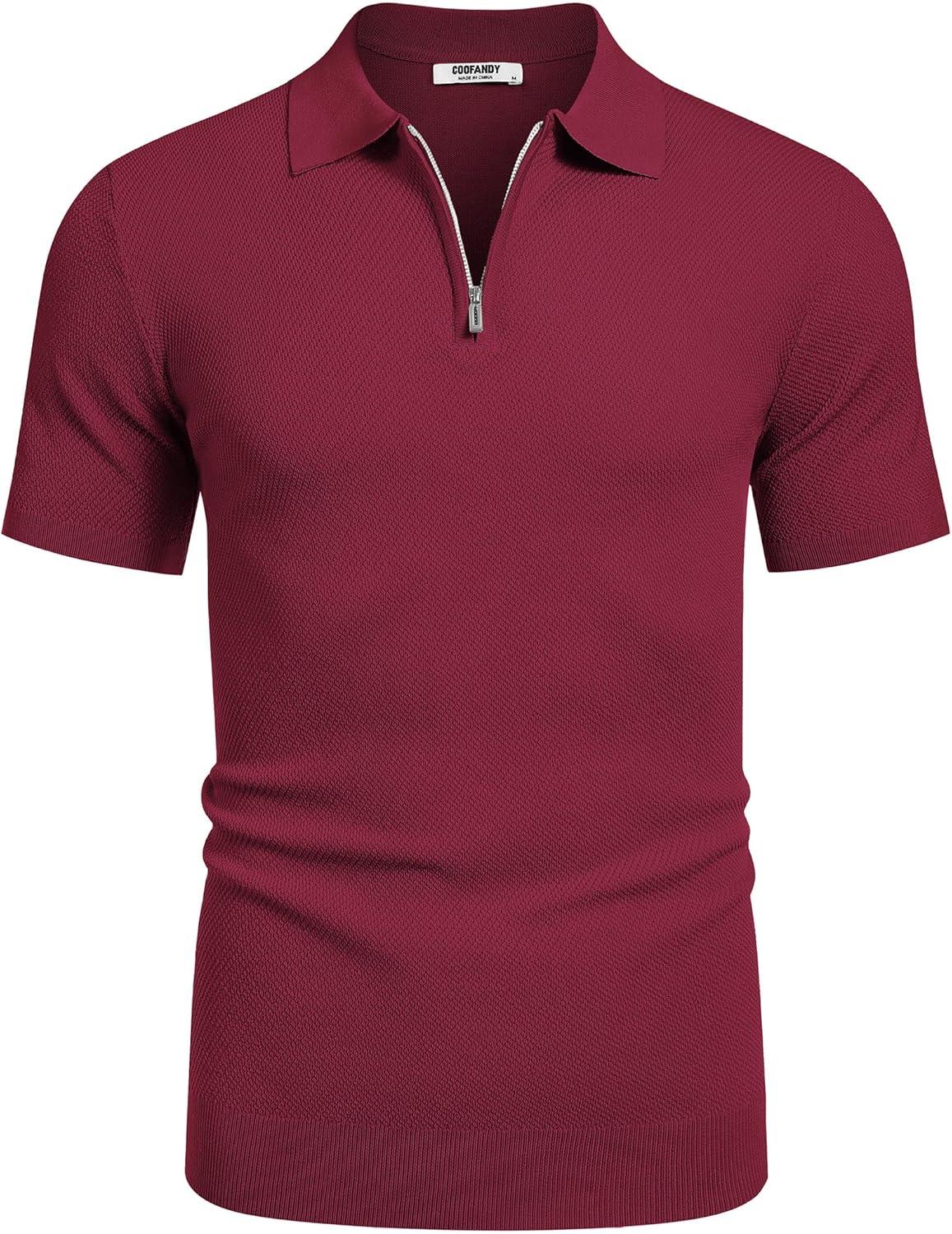 imageCOOFANDY Mens Zipper Polo Shirts Short Sleeve Casual Knit Polo Shirts Lightweight Golf ShirtWine Red