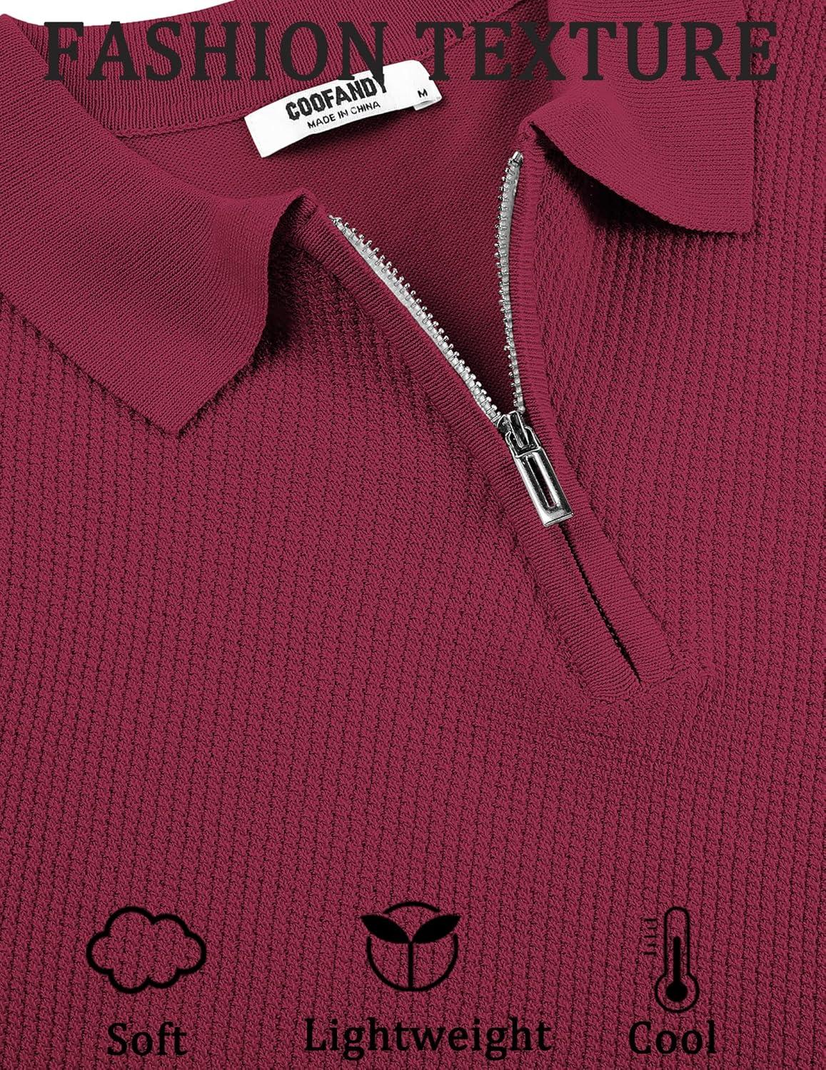 imageCOOFANDY Mens Zipper Polo Shirts Short Sleeve Casual Knit Polo Shirts Lightweight Golf ShirtWine Red