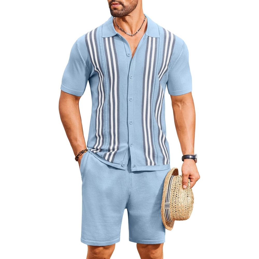 imageCOOFANDY Mens 2 Piece Outfits Knit Button Down Shirt Vintage Short Sleeve Polo Shirts Summer Casual Beach Shorts SetsBlue