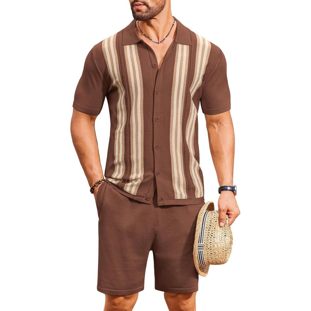 imageCOOFANDY Mens 2 Piece Outfits Knit Button Down Shirt Vintage Short Sleeve Polo Shirts Summer Casual Beach Shorts SetsBrown