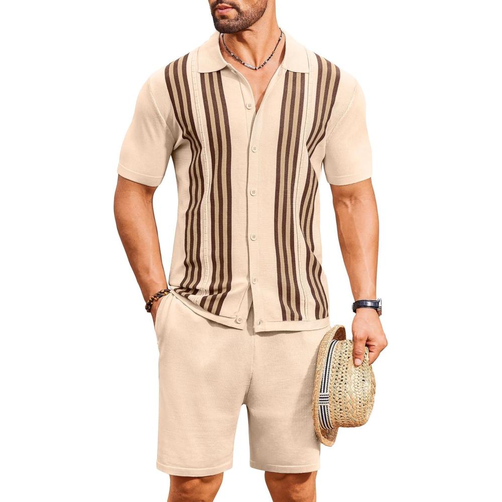imageCOOFANDY Mens 2 Piece Outfits Knit Button Down Shirt Vintage Short Sleeve Polo Shirts Summer Casual Beach Shorts SetsLight Khaki