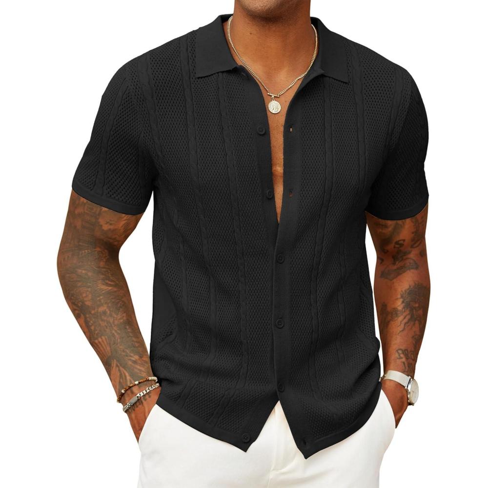 imageCOOFANDY Mens Knit Button Down Shirts Casual Textured Polo Shirt Short Sleeve Vintage Summer Beach TopsBlack