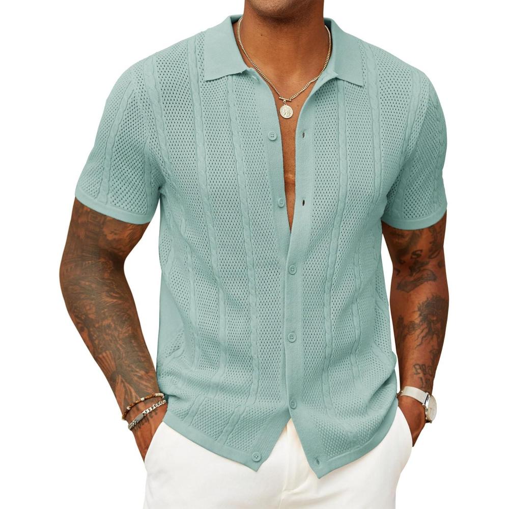 imageCOOFANDY Mens Knit Button Down Shirts Casual Textured Polo Shirt Short Sleeve Vintage Summer Beach TopsIce Green