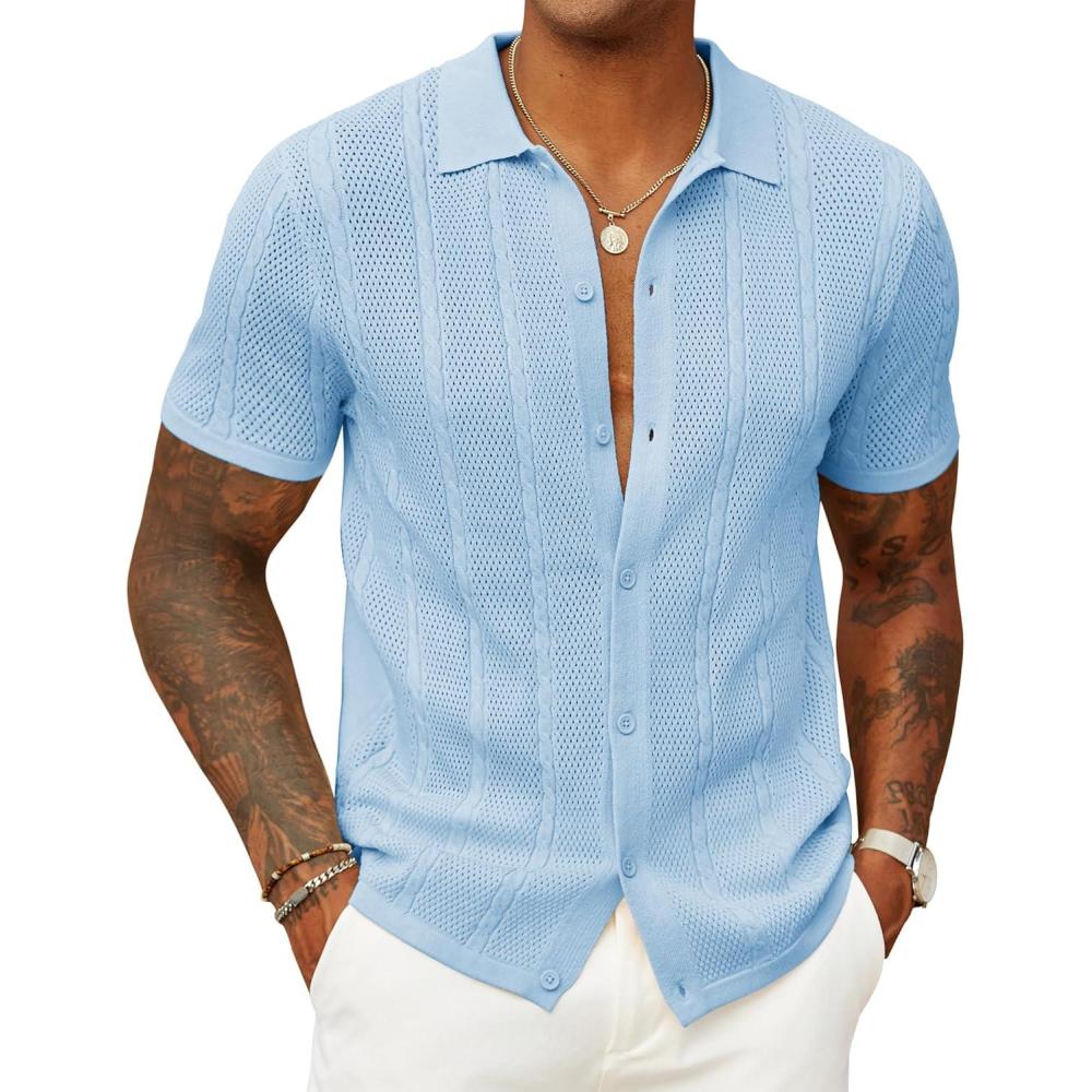 imageCOOFANDY Mens Knit Button Down Shirts Casual Textured Polo Shirt Short Sleeve Vintage Summer Beach TopsLight Blue