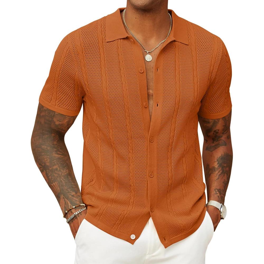 imageCOOFANDY Mens Knit Button Down Shirts Casual Textured Polo Shirt Short Sleeve Vintage Summer Beach TopsLight Brown