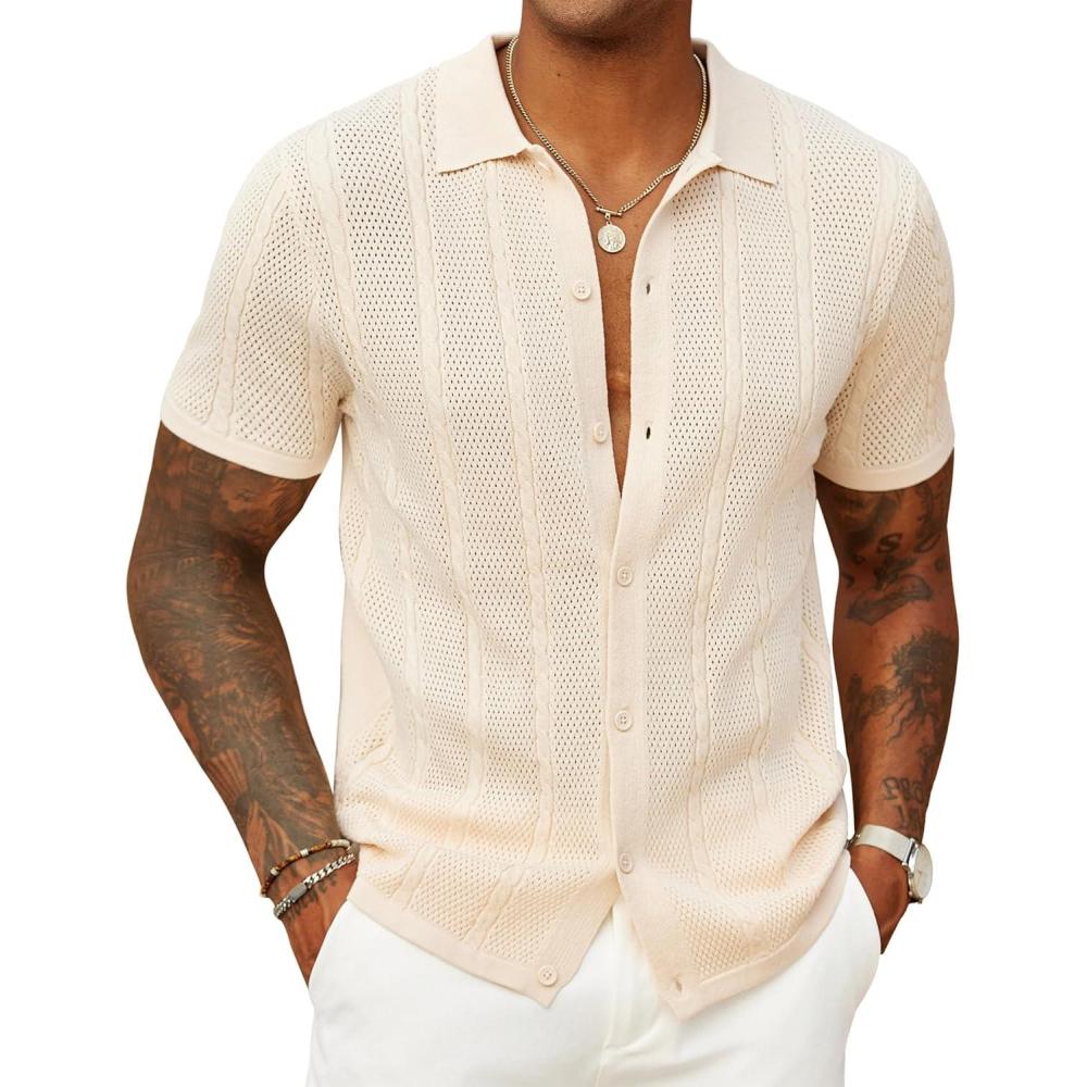 imageCOOFANDY Mens Knit Button Down Shirts Casual Textured Polo Shirt Short Sleeve Vintage Summer Beach TopsLight Khaki