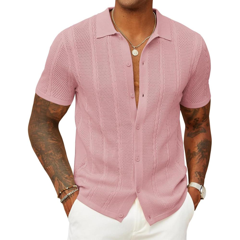 imageCOOFANDY Mens Knit Button Down Shirts Casual Textured Polo Shirt Short Sleeve Vintage Summer Beach TopsLight Pink