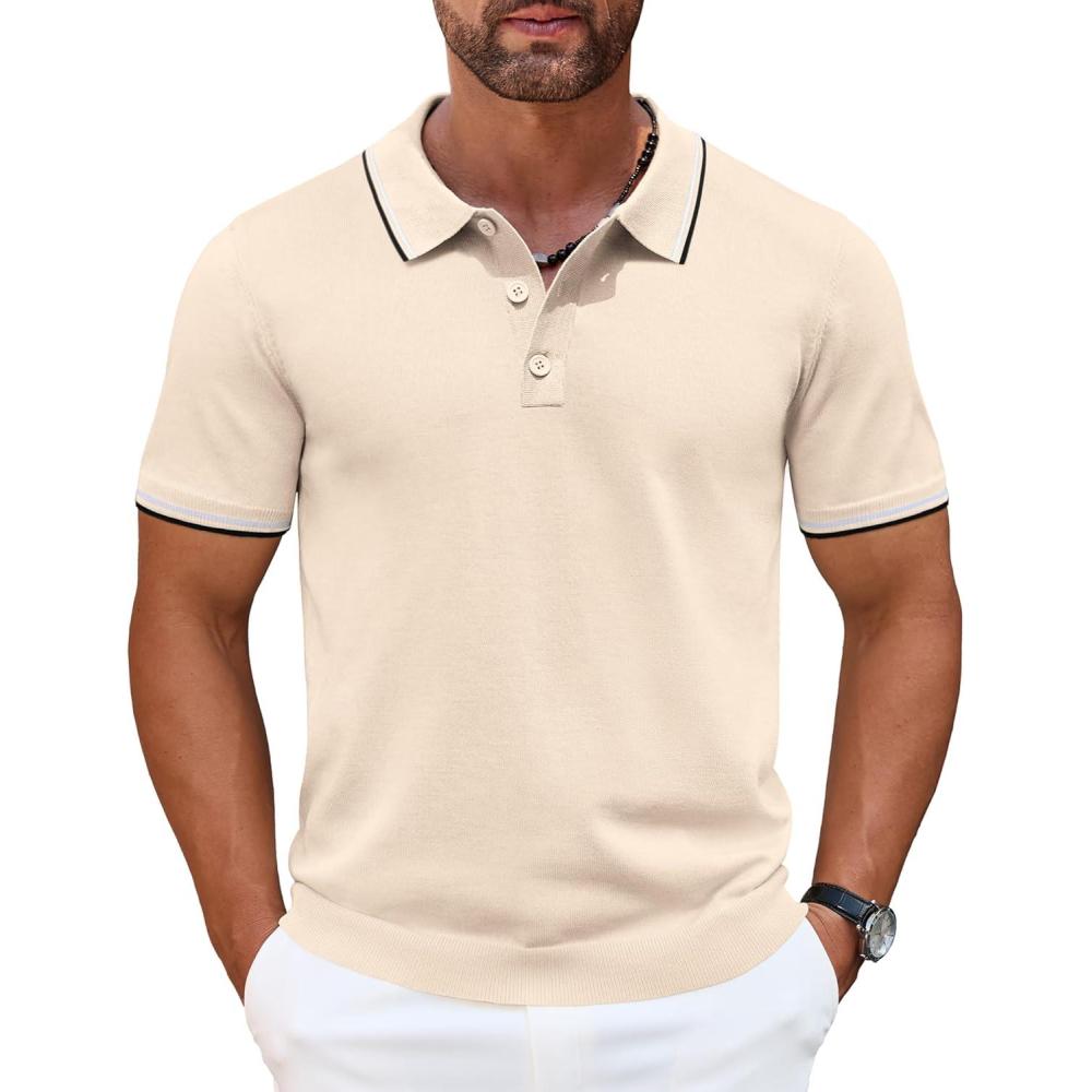 imageCOOFANDY Mens Knit Polo Shirts Casual Short Sleeve Button Down Golf Polo Shirts Vintage Collared T ShirtLight Khaki
