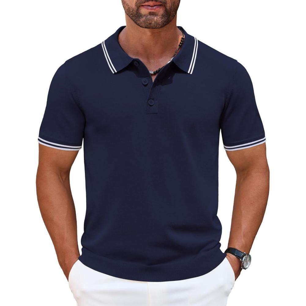 imageCOOFANDY Mens Knit Polo Shirts Casual Short Sleeve Button Down Golf Polo Shirts Vintage Collared T ShirtNavy Blue