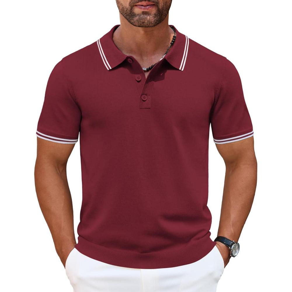 imageCOOFANDY Mens Knit Polo Shirts Casual Short Sleeve Button Down Golf Polo Shirts Vintage Collared T ShirtWine Red