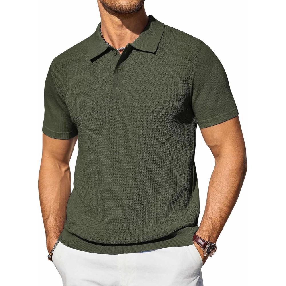 imageCOOFANDY Mens Knit Polo Shirts Short Sleeve Casual Button Down Shirts Vintage Collared Golf ShirtsArmy Green