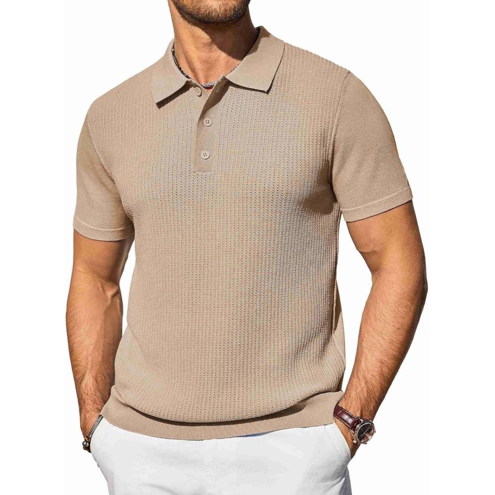 imageCOOFANDY Mens Knit Polo Shirts Short Sleeve Casual Button Down Shirts Vintage Collared Golf ShirtsKhaki