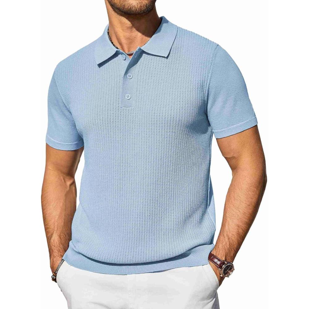 imageCOOFANDY Mens Knit Polo Shirts Short Sleeve Casual Button Down Shirts Vintage Collared Golf ShirtsLight Blue