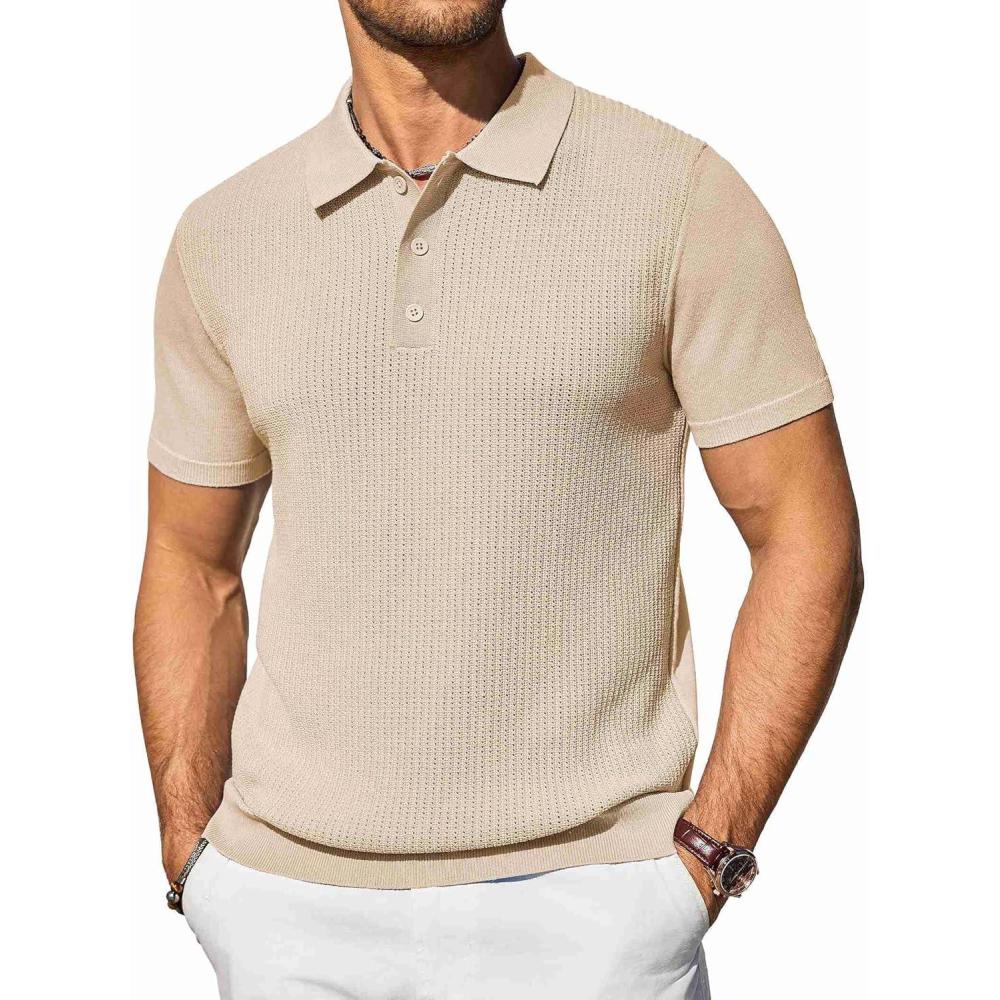 imageCOOFANDY Mens Knit Polo Shirts Short Sleeve Casual Button Down Shirts Vintage Collared Golf ShirtsLight Brown