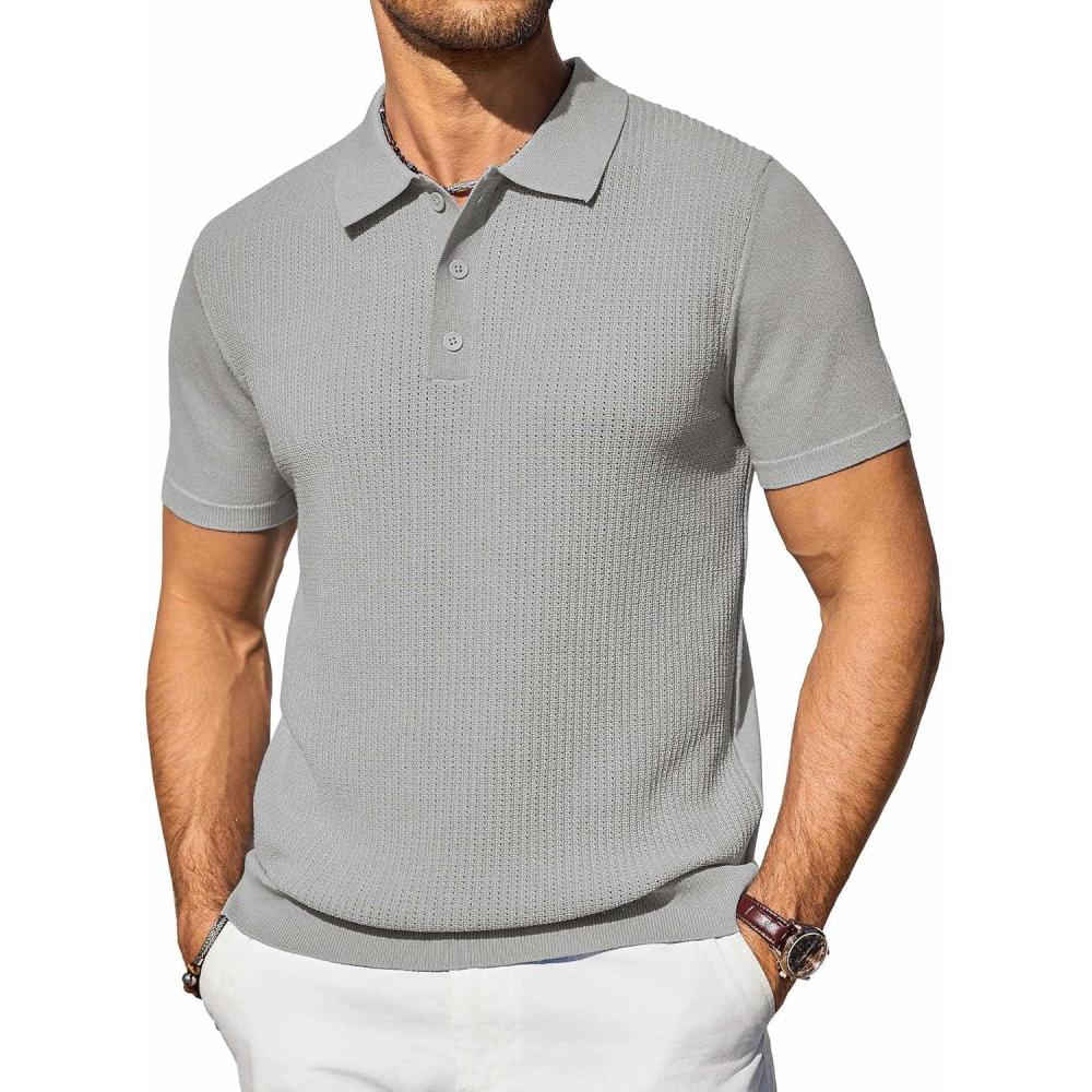 imageCOOFANDY Mens Knit Polo Shirts Short Sleeve Casual Button Down Shirts Vintage Collared Golf ShirtsLight Gray