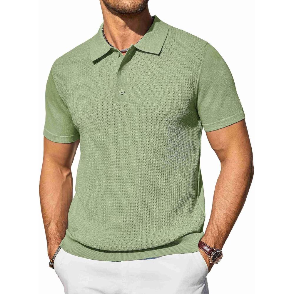 imageCOOFANDY Mens Knit Polo Shirts Short Sleeve Casual Button Down Shirts Vintage Collared Golf ShirtsLight Green