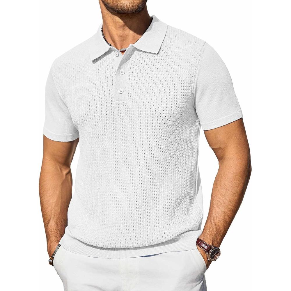 imageCOOFANDY Mens Knit Polo Shirts Short Sleeve Casual Button Down Shirts Vintage Collared Golf ShirtsWhite